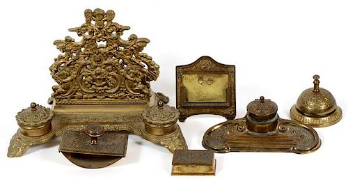 BRASS DESK SETS AND BELL EARLY 20TH C. 6 PIECES