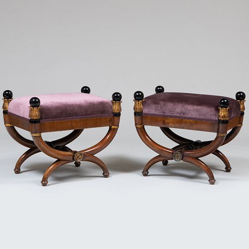 Pair of Empire Style Mahogany, Painted and Parcel-Gilt Curule Stools