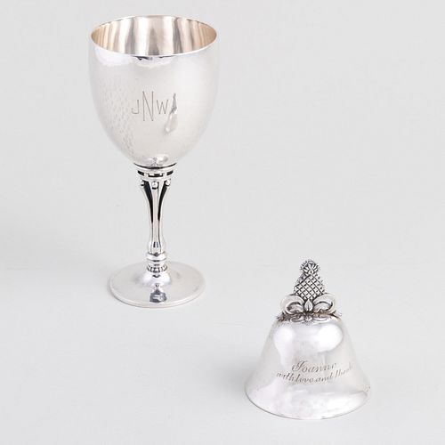 Joanne Woodward's Georg Jensen Silver Goblet and an Inscribed Silver Plate Table Bell