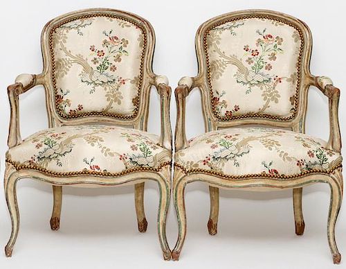 FRENCH LOUIS XV STYLE GLAZED OPEN ARM CHAIRS PAIR