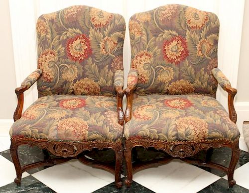 CARVED WALNUT & FLORAL UPHOLSTERED OPEN ARM CHAIRS