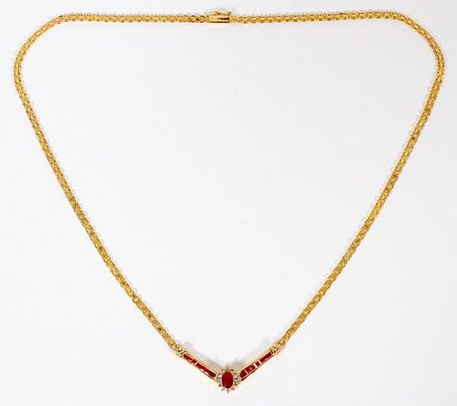 NATURAL RUBY DIAMOND AND 14KT YELLOW GOLD NECKLACE