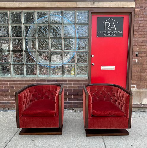 Art Deco Red Mohair Swivel Club Chairs, Pair 