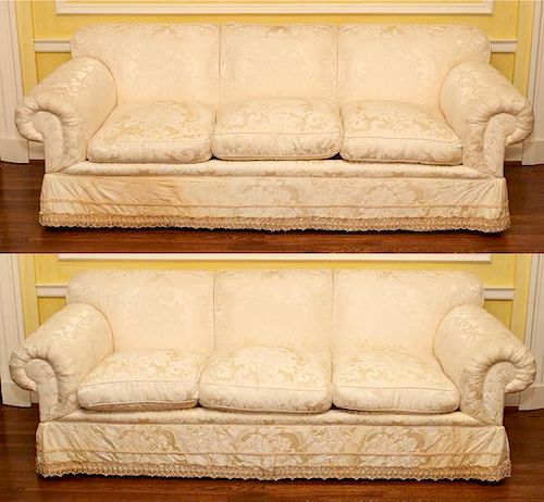 THREE CUSHION WHITE FLORAL UPHOLSTERED SOFAS