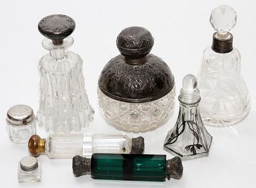 GLASS AND COLORED GLASS PERFUME BOTTLES 8 PIECES