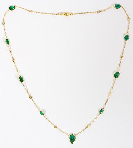 12.9CT NATURAL EMERALD AND DIAMOND STATION NECKLACE