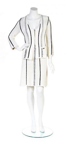A Chanel White and Navy Pinstripe Crochet Skirt Suit, Skirt size 38.