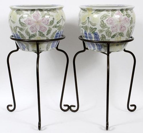 CHINESE FLORAL PORCELAIN PLANTERS ON STANDS PAIR
