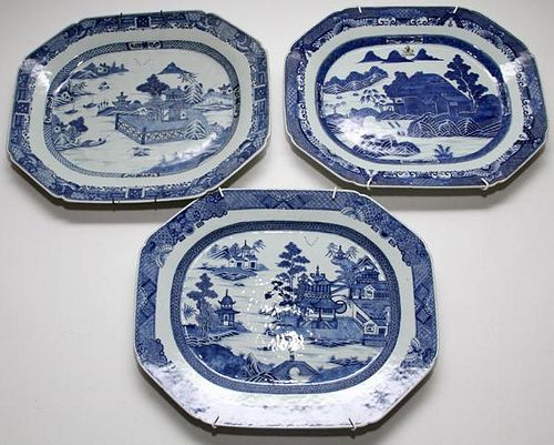 CANTON BLUE AND WHITE PORCELAIN PLATTERS 20TH C.
