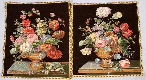 HAND LOOMED TAPESTRIES PAIR FLORAL ARRANGEMENTS