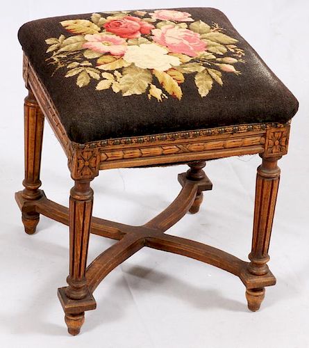 CARVED WALNUT AND NEEDLEPOINT BENCH