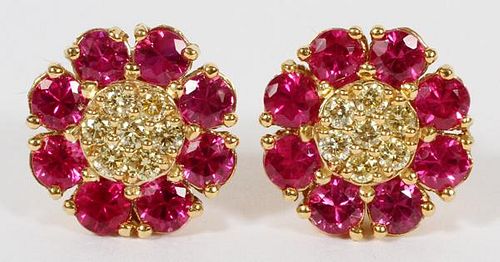 2.16CT RUBY AND DIAMOND CLUSTER EARRINGS PAIR
