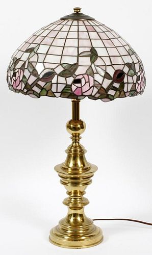 DOME SHAPE LEADED AND STAINED GLASS LAMP BRASS BASE