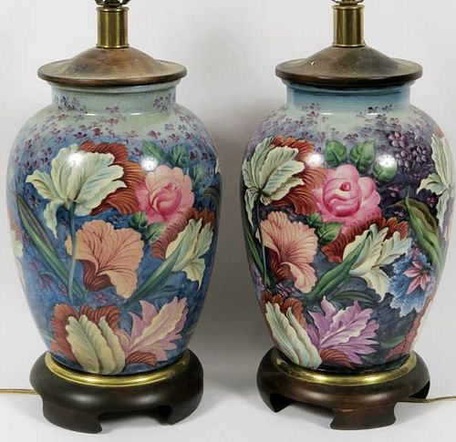OVER ALL FLORAL PORCELAIN HAND PAINTED LAMPS PAIR