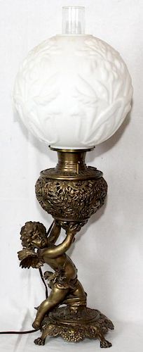 GILT METAL AND ART GLASS OIL LAMP ELECTRIFIED