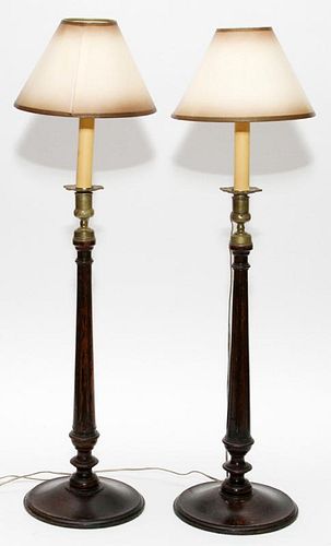 ELECTRIFIED CANDLESTICK STYLE OAK AND BRASS LAMPS