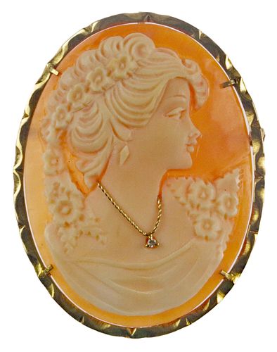 Vintage Shell Cameo Brooch of Lady, 14K Gold Frame