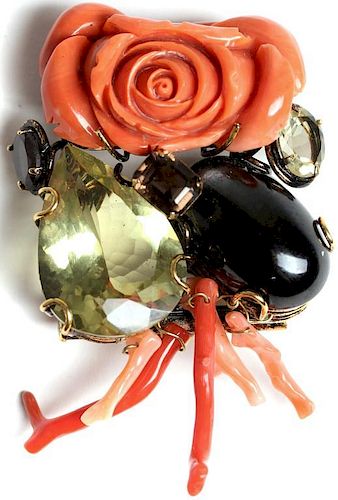 Vintage Iradj Moini Brooch with Coral & Stones