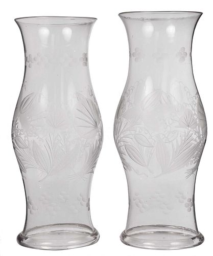 Pair of Large Engraved Glass Hurricanes