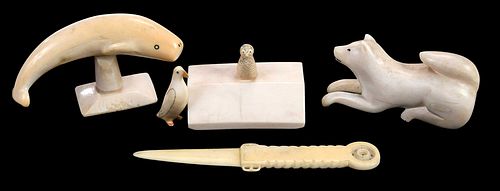 Five Carved Inuit Marine Ivory Desk Objects