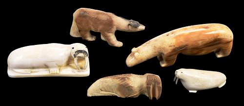 Five Carved Inuit Marine Ivory Walruses and Bears
