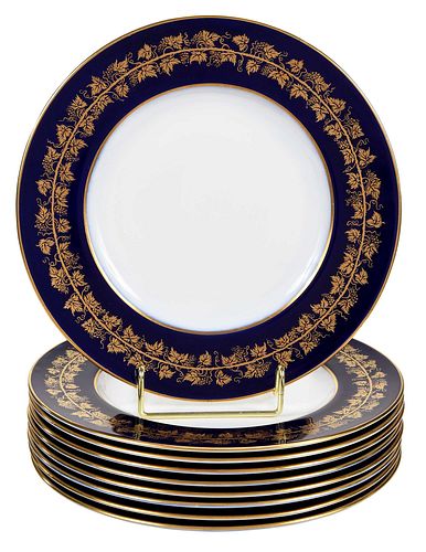 Nine Royal Worcester Cobalt and Gilt Porcelain Plates