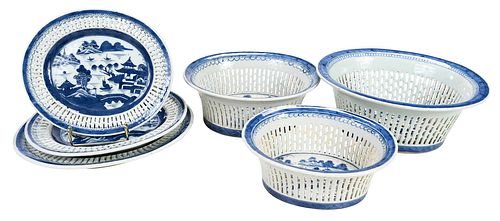 Three Canton Blue and White Reticulated Chestnut Baskets with Trays