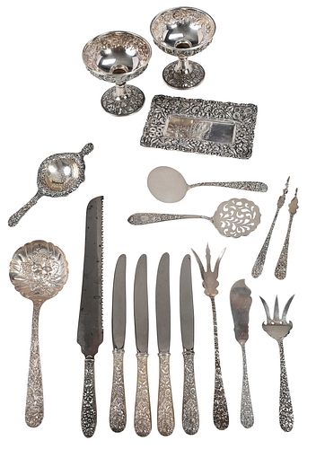 17 Pieces of Repousse Sterling and Coin Silver Table Items
