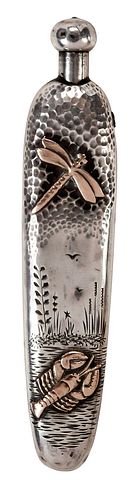 Mixed Metals Sterling Perfume Flask, Dragonfly and Flying Fish