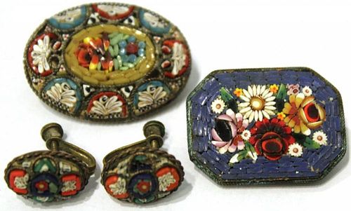 2 Antique Italian Micromosaic Pin & Earrings Sets