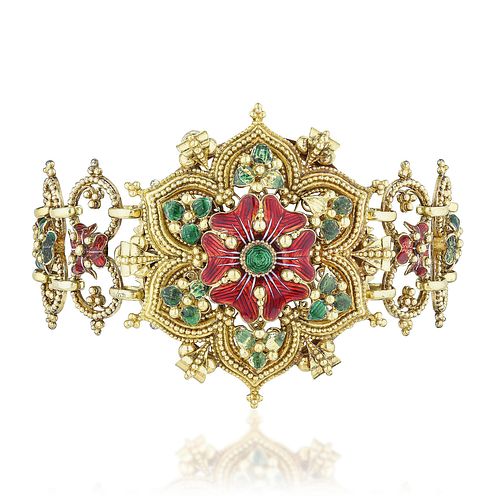 Antique Enamel Floral Motif Gold Bracelet