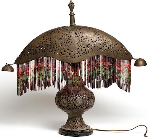 Indian Openwork & Beaded Brass Lamp