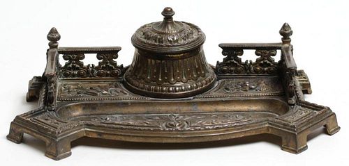 Ornate Silver-Gilt-Toned Metal Inkwell & Pen Tray