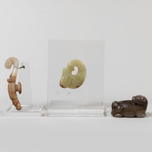Two Chinese Hardstone Animal Carvings and a Robe Hook 