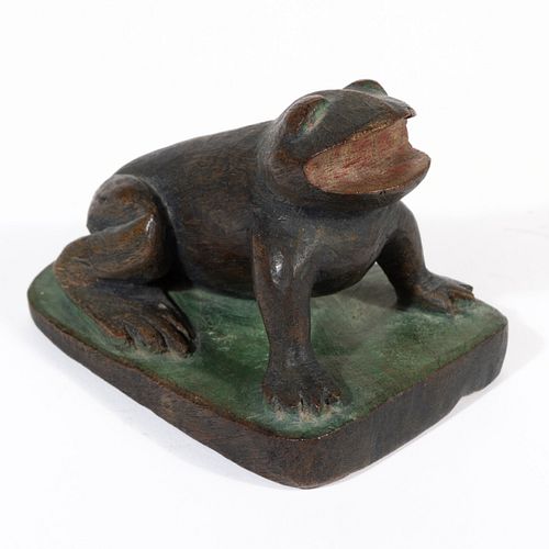AMERICAN FOLK ART CARVED AND PAINTED FROG FIGURE