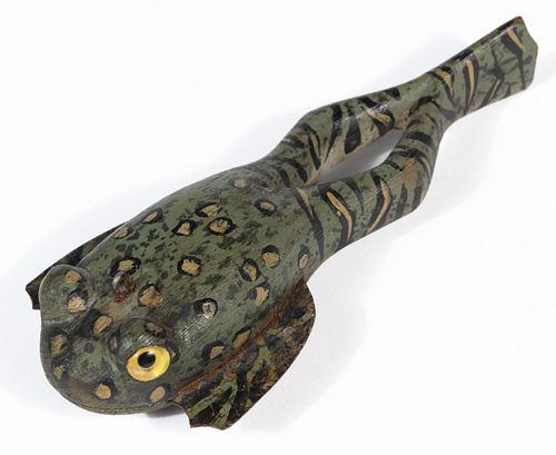 MICHIGAN FOLK ART CARVED AND PAINTED FROG SPEARING DECOY