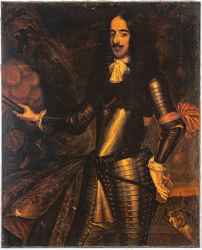 European Oil On Canvas, Ca. Late 17th C., King Charles II In Exile Wearing The Badge Of The Order Of The Garter, H 48'' W 38''
