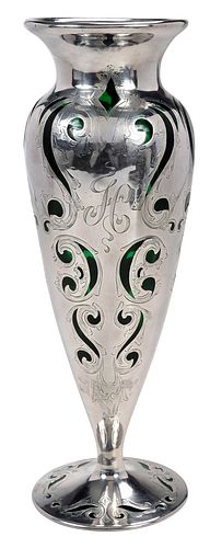 Green Glass and Sterling Overlay Vase