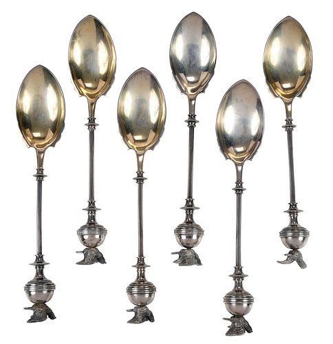 Set of Six Sterling Ice Cream Spoons with Bird Finial