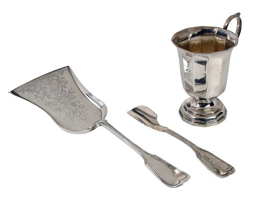 American Coin Silver Mug, Cheese Scoop and Serving Shovel