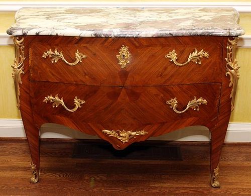 LOUIS XV STYLE MARBLE & KINGWOOD TWO DRAWER COMMODE