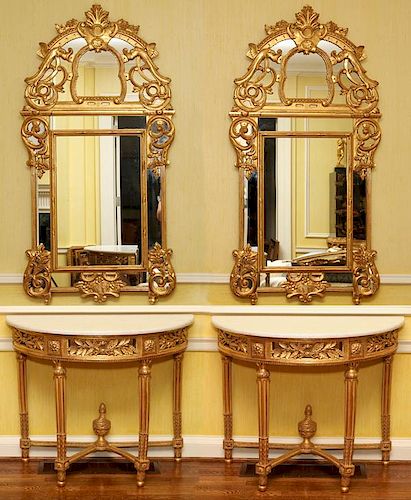 DEMILUNE CARVED GILT WOOD CONSOLES AND MIRRORS