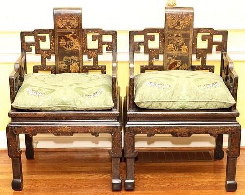 CHINESE BLACK LACQUER ARM CHAIRS PAIR