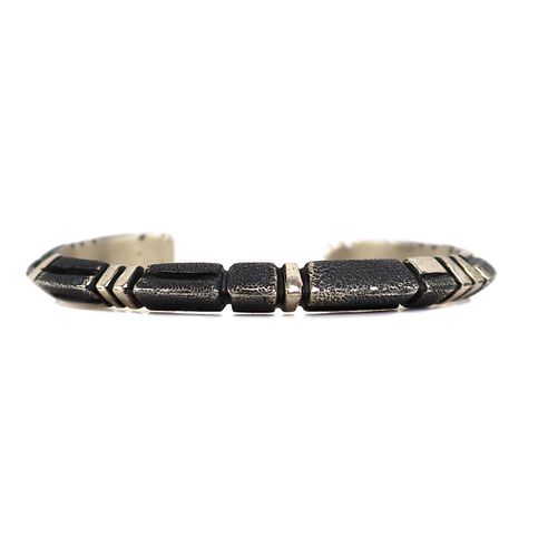 NO RESERVE - Navajo - Silver Sandcast Bracelet with Geometric Design c. 2000s, size 6 (J15801)