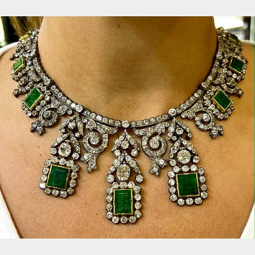 Victorian 18K & Silver Top Emerald and Diamond Necklace