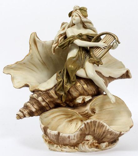 ROYAL DUX BISQUE NUDE FEMALE W/ HARP ON A SHELL