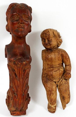 EUROPEAN CARVED WOOD FIGURE AND CORBEL 2 PIECES