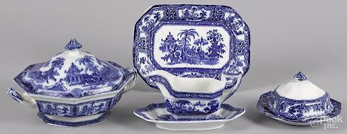 Flow blue Kyber pattern porcelain, to include a covered entrée dish, a gravy boat and undertray