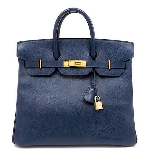 An Hermes 32cm HAC Blue Leather Birkin Bag, 12 1/2 x 11 x 6 1/2 inches.