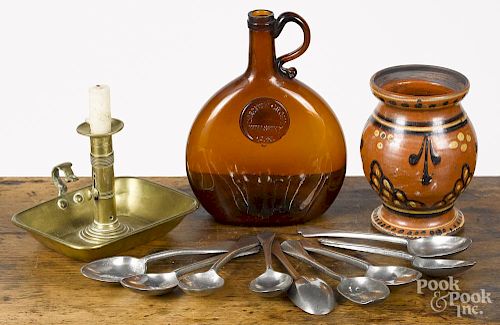Miscellaneous lot, to include a Chestnut Grove whiskey jug, pewter spoons, a brass chamberstick